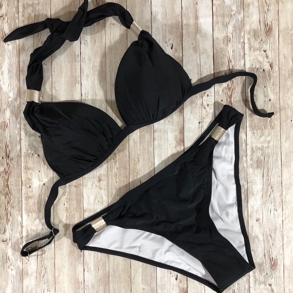 NWT Black Bikini Padded Cup Silver embellishments